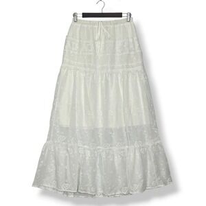 Poéselle Maxi Skirt 6 White Lace Embroidered Tiered Boho Cottagecore Ethereal